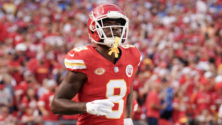 Sep 7, 2023; Kansas City, Missouri, USA; Kansas City Chiefs wide receiver Justyn Ross (8) runs onto the field against the Detroit Lions prior to a game at GEHA Field at Arrowhead Stadium. Mandatory Credit: Denny Medley-USA TODAY Sports