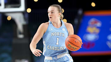 Nov 25, 2024; Paradise Island, Bahamas, BHS; North Carolina Tar Heels guard Alyssa Ustby (1) dribbles during the second half against the Indiana Hoosiers at the Atlantis Resort. Mandatory Credit: Kevin Jairaj-Imagn Images