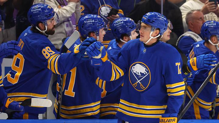 Nov 1, 2025; Buffalo, New York, USA;  Buffalo Sabres center Tage Thompson (72) celebrates his goal with teammates during the first period against the Washington Capitals at KeyBank Center. Mandatory Credit: Timothy T. Ludwig-Imagn Images