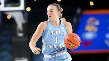 Nov 25, 2024; Paradise Island, Bahamas, BHS; North Carolina Tar Heels guard Alyssa Ustby (1) dribbles during the second half against the Indiana Hoosiers at the Atlantis Resort. Mandatory Credit: Kevin Jairaj-Imagn Images