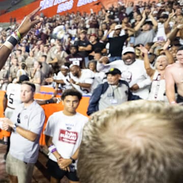 Sep 14, 2024; Gainesville, Florida, USA; Texas A&M Aggies quarterback Marcel Reed (10) celebrates after defeating the Florida Gators at Ben Hill Griffin Stadium. Mandatory Credit: Matt Pendleton-Imagn Images