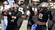 Vanderbilt safety Randon Fontenette (2) celebrates after making a defensive stop against Kentucky during the first quarter at FirstBank Stadium in Nashville, Tenn., Saturday, Nov. 22, 2025.