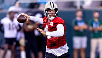 Aug 20, 2024; New Orleans, LA, USA;  New Orleans Saints quarterback Derek Carr (4) during practice at Yulman Stadium (Tulane). Mandatory Credit: Stephen Lew-Imagn Images