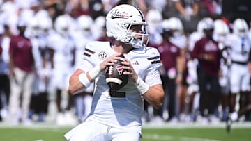 Sep 21, 2024; Starkville, Mississippi, USA;  Mississippi State Bulldogs quarterback Blake Shapen (2) drops back to pass against the Florida Gators during the first quarter at Davis Wade Stadium at Scott Field. Mandatory Credit: Matt Bush-Imagn Images
