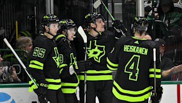 Jan 27, 2024; Dallas, Texas, USA; Dallas Stars defenseman Thomas Harley (55) and center Wyatt Johnston (53) and center Roope Hintz (24) and defenseman Miro Heiskanen (4) celebrates a goal scored by Johnston against the Washington Capitals during the first period at the American Airlines Center. Mandatory Credit: Jerome Miron-Imagn Images