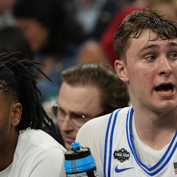 Apr 5, 2025; San Antonio, TX, USA; Duke Blue Devils forward Cooper Flagg (2) looks on from the bench against the Houston Cougars during the second half in the semifinals of the men's Final Four of the 2025 NCAA Tournament at the Alamodome. Mandatory Credit: Bob Donnan-Imagn Images
