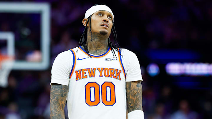 Jan 14, 2026; Sacramento, California, USA; New York Knicks guard Jordan Clarkson (00) looks on during the third quarter against the Sacramento Kings at Golden 1 Center. Mandatory Credit: Sergio Estrada-Imagn Images