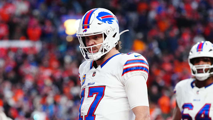 Jan 17, 2026; Denver, CO, USA; Buffalo Bills quarterback Josh Allen (17) celebrates after a touchdown against the Denver Broncos during the fourth quarter of an AFC Divisional Round playoff game at Empower Field at Mile High. Mandatory Credit: Ron Chenoy-Imagn Images