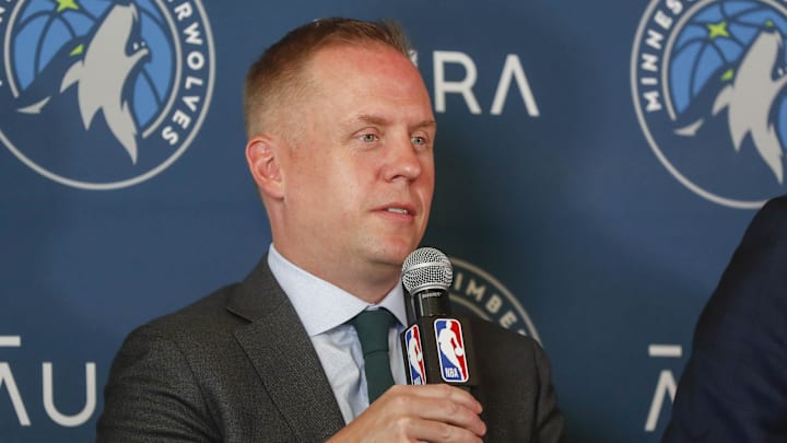 Jun 28, 2022; Minneapolis, MN, USA; Minnesota Timberwolves president of basketball operations Tim Connelly answers questions at a press conference to introduce the 2022 draft picks at Target Center. Mandatory Credit: Bruce Kluckhohn-Imagn Images