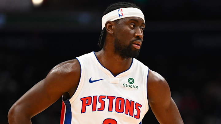 Mar 19, 2026; Washington, District of Columbia, USA; Detroit Pistons guard Caris LeVert (8) looks on against the Washington Wizards during the second half at Capital One Arena.