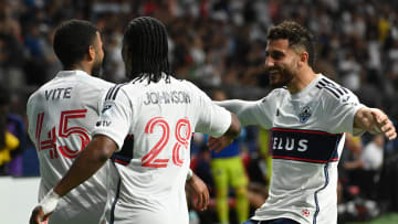 Aug 3, 2024; Vancouver, British Columbia, CAN;  Vancouver Whitecaps FC midfielder Pedro Vite (45) celebrates a goal during the second half against Club Tijuana at BC Place. Mandatory Credit: Simon Fearn-USA TODAY Sports