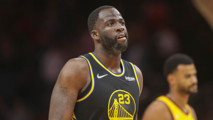 Mar 25, 2022; Atlanta, Georgia, USA; Golden State Warriors forward Draymond Green (23) shows emotion against the Atlanta Hawks in the second half at State Farm Arena. Mandatory Credit: Brett Davis-USA TODAY Sports