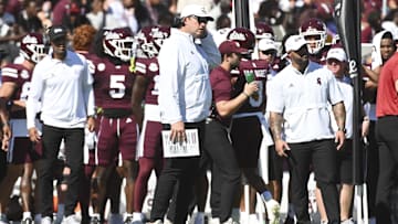 Oct 26, 2024; Starkville, Mississippi, USA; Mississippi State Bulldogs head coach Jeff Lebby stands on the sideline after a play during the first quarter of the game against the Arkansas Razorbacks at Davis Wade Stadium at Scott Field. Mandatory Credit: Matt Bush-Imagn Images