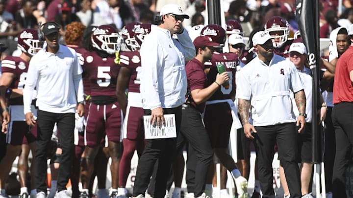 Oct 26, 2024; Starkville, Mississippi, USA; Mississippi State Bulldogs head coach Jeff Lebby stands on the sideline after a play during the first quarter of the game against the Arkansas Razorbacks at Davis Wade Stadium at Scott Field. Mandatory Credit: Matt Bush-Imagn Images