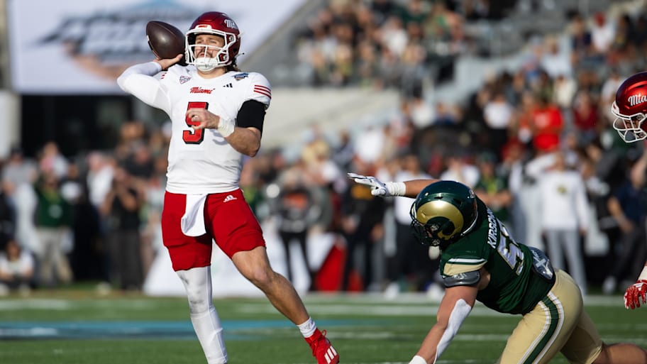 Miami (Ohio) RedHawks quarterback Brett Gabbert (5) against the Colorado State Rams during the first half of the Snoop Dogg Arizona Bowl at Arizona Stadium last season. | Mark J. Rebilas-Imagn Images