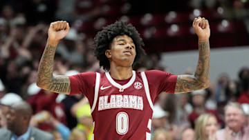 Dec 14, 2024; Tuscaloosa, AL, USA; Alabama guard Labaron Philon (0) celebrates in the closing moments of the game with Creighton at Coleman Coliseum. Alabama defeated Creighton 83-75. Mandatory Credit: Gary Cosby Jr.-Tuscaloosa News