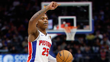 Jan 31, 2025; Detroit, Michigan, USA;  Detroit Pistons guard Marcus Sasser (25) : Rick Osentoski-Imagn Images