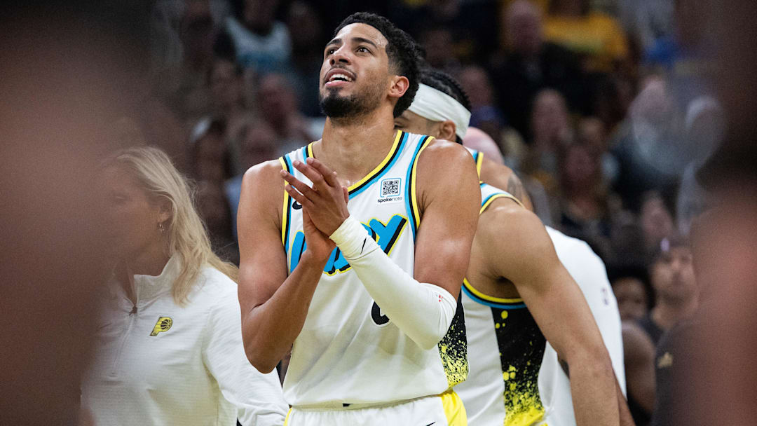 May 11, 2025; Indianapolis, Indiana, USA; Indiana Pacers guard Tyrese Haliburton (0) celebrates during game four of the second round for the 2025 NBA Playoffs against the Cleveland Cavaliers at Gainbridge Fieldhouse. Mandatory Credit: Trevor Ruszkowski-Imagn Images