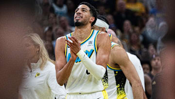 May 11, 2025; Indianapolis, Indiana, USA; Indiana Pacers guard Tyrese Haliburton (0) celebrates during game four of the second round for the 2025 NBA Playoffs against the Cleveland Cavaliers at Gainbridge Fieldhouse. Mandatory Credit: Trevor Ruszkowski-Imagn Images