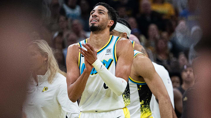 May 11, 2025; Indianapolis, Indiana, USA; Indiana Pacers guard Tyrese Haliburton (0) celebrates during game four of the second round for the 2025 NBA Playoffs against the Cleveland Cavaliers at Gainbridge Fieldhouse. Mandatory Credit: Trevor Ruszkowski-Imagn Images