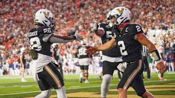 Vanderbilt running back Sedrick Alexander (28) and quarterback Diego Pavia (2) celebrate a touchdown during the third quarter against Auburn at FirstBank Stadium in Nashville, Tenn., Saturday, Nov. 8, 2025.