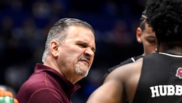 Mississippi State Bulldogs coach Chris Jans talks with guard Josh Hubbard (12) against the Missouri Tigers during the first half at Bridgestone Arena.