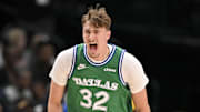 Oct 26, 2025; Dallas, Texas, USA; Dallas Mavericks forward Cooper Flagg (32) celebrates during the first quarter against the Toronto Raptors at the American Airlines Center. Mandatory Credit: Jerome Miron-Imagn Images