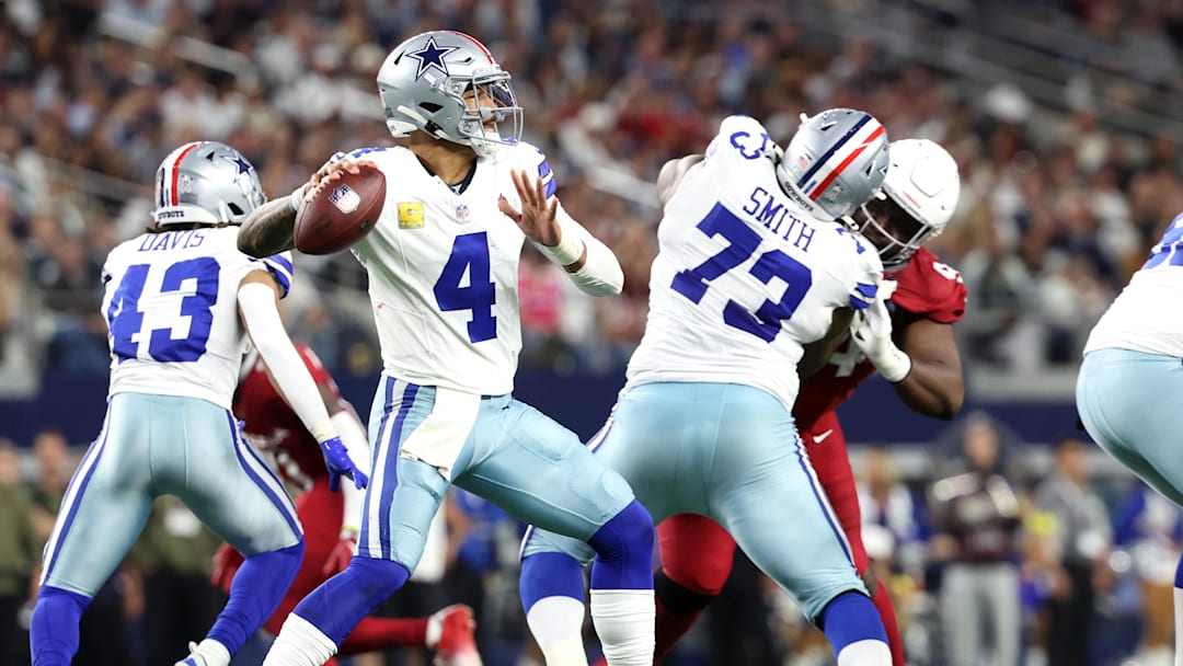 Nov 3, 2025; Arlington, Texas, USA; Dallas Cowboys quarterback Dak Prescott (4) looks to pass against the Arizona Cardinals in the second half at AT&T Stadium. Mandatory Credit: Kevin Jairaj-Imagn Images Nov 3, 2025; Arlington, Texas, USA; Dallas Cowboys quarterback Dak Prescott (4) looks to pass against the Arizona Cardinals in the second half at AT&T Stadium. Mandatory Credit: Kevin Jairaj-Imagn Images