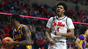 Jan 11, 2025; Oxford, Mississippi, USA; Mississippi Rebels forward Jaemyn Brakefield (4) reacts after a basket during the second half against the LSU Tigers at The Sandy and John Black Pavilion at Ole Miss. Mandatory Credit: Petre Thomas-Imagn Images