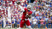 Sep 23, 2023; Lawrence, Kansas, USA; Kansas Jayhawks quarterback Jalon Daniels (6) throws a pass during the first half against the Brigham Young Cougars at David Booth Kansas Memorial Stadium. 