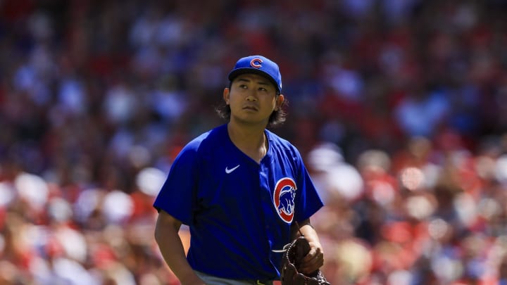 Jun 9, 2024; Cincinnati, Ohio, USA; Chicago Cubs starting pitcher Shota Imanaga (18) walks off the field during a pitching change in the seventh inning against the Cincinnati Reds at Great American Ball Park. Mandatory Credit: Katie Stratman-USA TODAY Sports