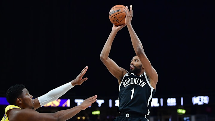 Oct 9, 2023; Las Vegas, Nevada, USA; Brooklyn Nets forward Mikal Bridges (1) shoots against Los Angeles Lakers forward Rui Hachimura (28) during the first half at T-Mobile Arena. Mandatory Credit: Gary A. Vasquez-Imagn Images