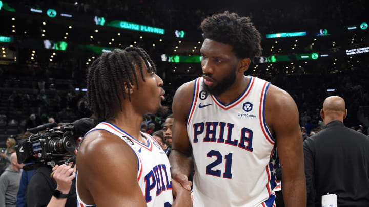 May 9, 2023; Boston, Massachusetts, USA; Philadelphia 76ers guard Tyrese Maxey (0) and center Joel Embiid (21) shake hands after defeating the Boston Celtics in game five of the 2023 NBA playoffs at TD Garden. Mandatory Credit: Bob DeChiara-USA TODAY Sports