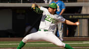 Oregon’s Santiago Garcia pitches against UCLA at PK Park in Eugene April 19, 2025.