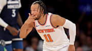 Nov 5, 2025; New York, New York, USA; New York Knicks guard Jalen Brunson (11) celebrates his three point shot against the Minnesota Timberwolves during the second quarter at Madison Square Garden. Mandatory Credit: Brad Penner-Imagn Images