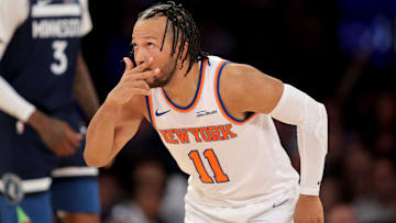 Nov 5, 2025; New York, New York, USA; New York Knicks guard Jalen Brunson (11) celebrates his three point shot against the Minnesota Timberwolves during the second quarter at Madison Square Garden. Mandatory Credit: Brad Penner-Imagn Images
