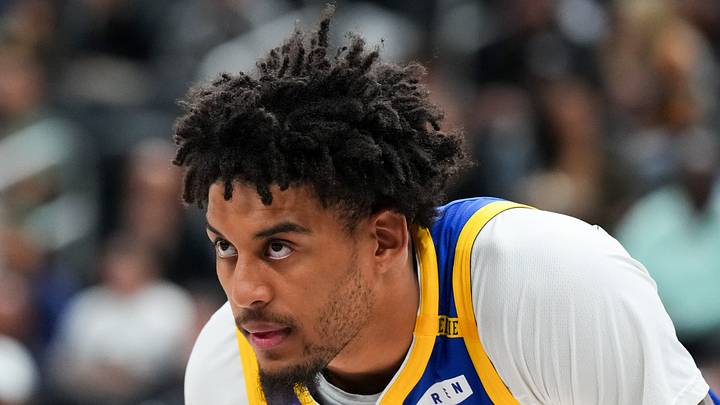 Oct 13, 2026; Las Vegas, Nevada, USA;  Golden State Warriors forward Yaxel Lendeborg (1) looks on against the Los Angeles Lakers in the first quarter at T-Mobile Arena.  Mandatory Credit: Candice Ward-Imagn Images