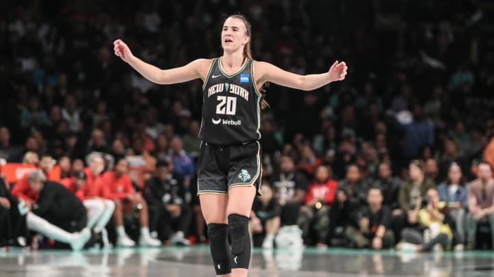 Oct 15, 2023; Brooklyn, New York, USA; New York Liberty guard Sabrina Ionescu (20) reacts against the Las Vegas Aces in the third quarter during game three of the 2023 WNBA Finals at Barclays Center. Mandatory Credit: Wendell Cruz-USA TODAY Sports