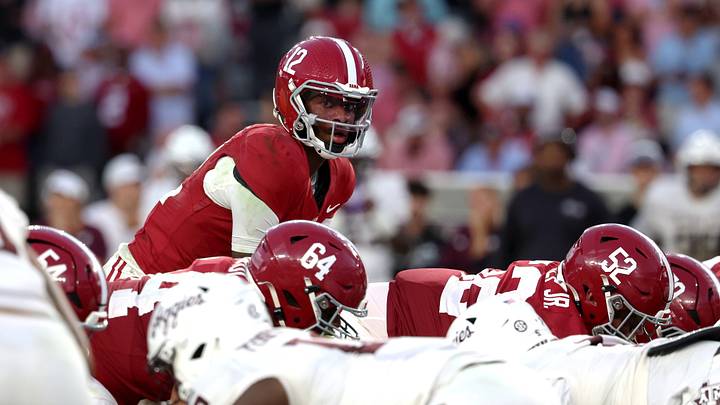 Oct 24, 2026; Tuscaloosa, Alabama, USA;  Alabama Crimson Tide quarterback Keelon Russell (12) waits for the snap against the Texas A&M Aggies during the second half at Saban Field at Bryant-Denny Stadium.  Mandatory Credit: David Leong-Imagn Images