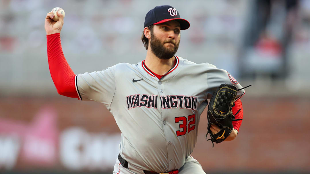 May 30, 2024; Atlanta, Georgia, USA; Washington Nationals starting pitcher Trevor Williams (32) throws against the Atlanta Braves in the third inning at Truist Park