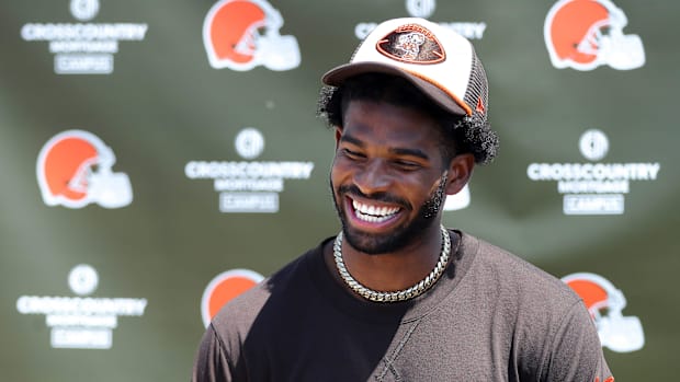 Cleveland Browns quarterback Shedeur Sanders (12) jokes about his signing bonus during a press conference before day two
