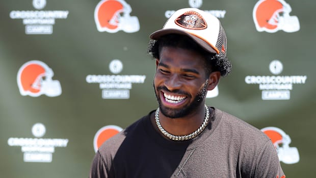 Cleveland Browns quarterback Shedeur Sanders (12) jokes about his signing bonus during a press conference before day two of N