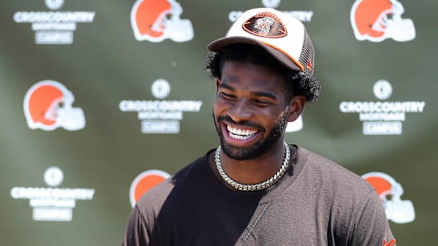 Cleveland Browns quarterback Shedeur Sanders (12) jokes about his signing bonus during a press conference before day two of N