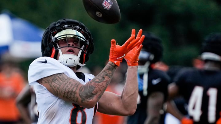 Cincinnati Bengals wide receiver Jermaine Burton (81) catches a pass during a preseason training camp practice at the Paycor Stadium practice field in downtown Cincinnati on Wednesday, Aug. 7, 2024.