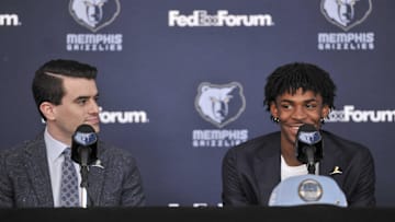 Jun 21, 2019; Memphis, TN, USA; Memphis Grizzlies executive vice president of basketball operations Zach Kleiman and Memphis Grzzlies first round pick Ja Morant at FedExForum. Mandatory Credit: Justin Ford-Imagn Images