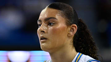 Nov 24, 2024; Los Angeles, California, USA; UCLA Bruins center Lauren Betts during pregame warmups before playing the South Carolina Gamecocks at Pauley Pavilion presented by Wescom. Mandatory Credit: Robert Hanashiro-Imagn Images