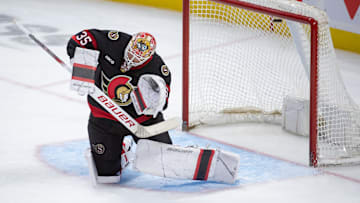 Oct 5, 2024; Ottawa, Ontario, CAN; Ottawa Senators goalie Linus Ullmark (35) is unable to stop the puck in the third period against the Montreal Canadiens at the Canadian Tire Centre. Mandatory Credit: Marc DesRosiers-Imagn Images