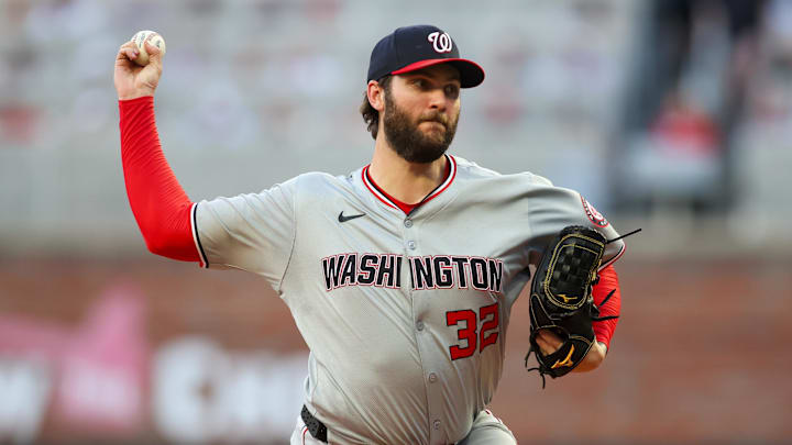 May 30, 2024; Atlanta, Georgia, USA; Washington Nationals starting pitcher Trevor Williams (32) throws against the Atlanta Braves in the third inning at Truist Park. 