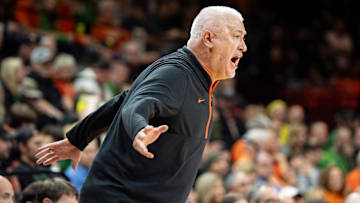 Oregon State head coach Wayne Tinkle yells to his team as the Oregon State Beavers host the Oregon Ducks Thursday, Nov. 21, 2024 at Gill Coliseum in Corvallis, Ore.