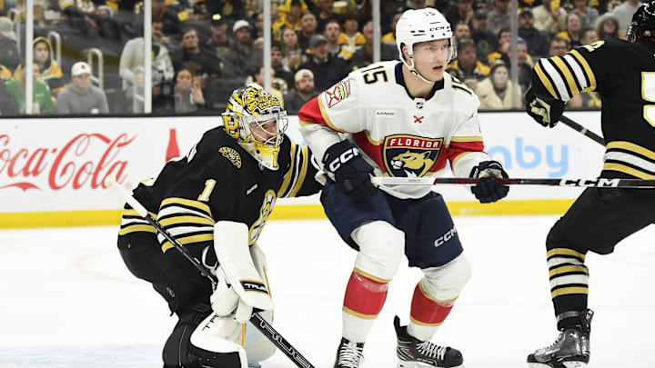 May 17, 2024; Boston, Massachusetts, USA; Florida Panthers center Anton Lundell (15) tries to screen Boston Bruins goaltender Jeremy Swayman (1) during the second period in game six of the second round of the 2024 Stanley Cup Playoffs at TD Garden. Mandatory Credit: Bob DeChiara-Imagn Images